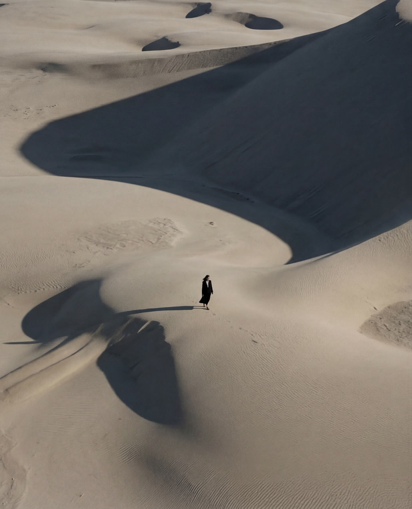 Figura oscura y pequeña entre dunas con sombras profundas.