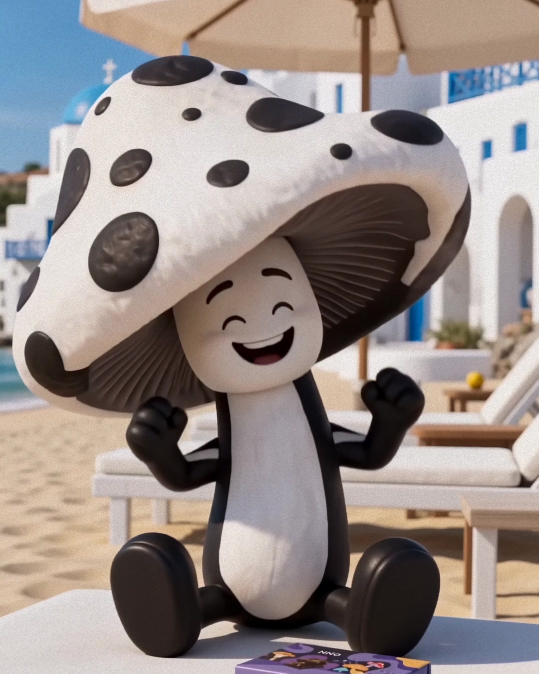 Personaje de hongo en paisaje mediterráneo.